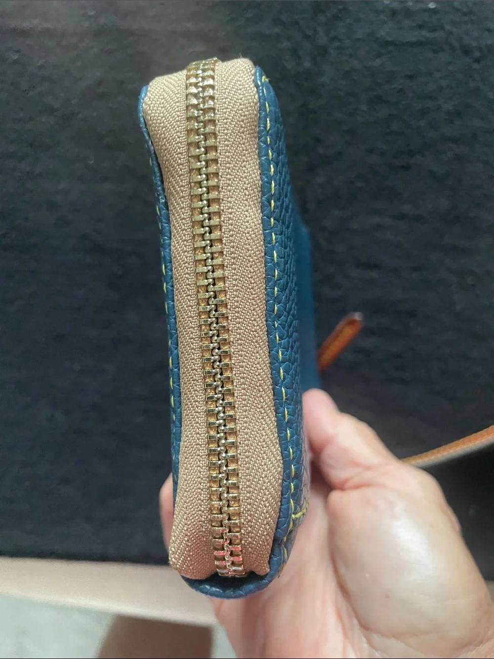 Dooney & Bourke Teal Pebbled Leather Wristlet with Brown Trim